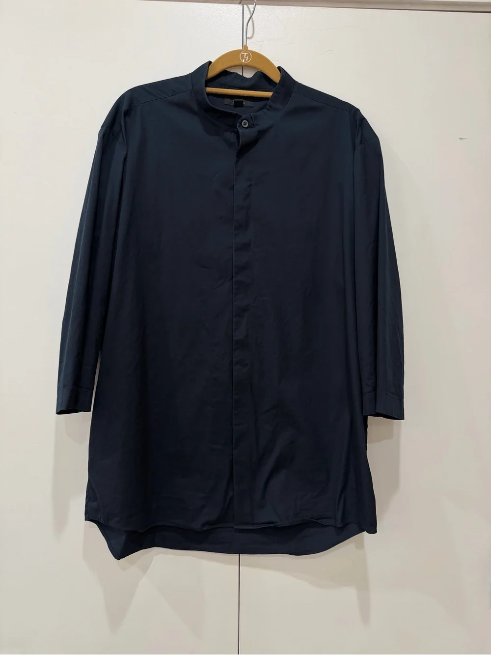 COS Navy Blue Grandad Collar Shirt Cotton Poplin Band Mandarin Collar Top Sz L - Picture 5 of 12